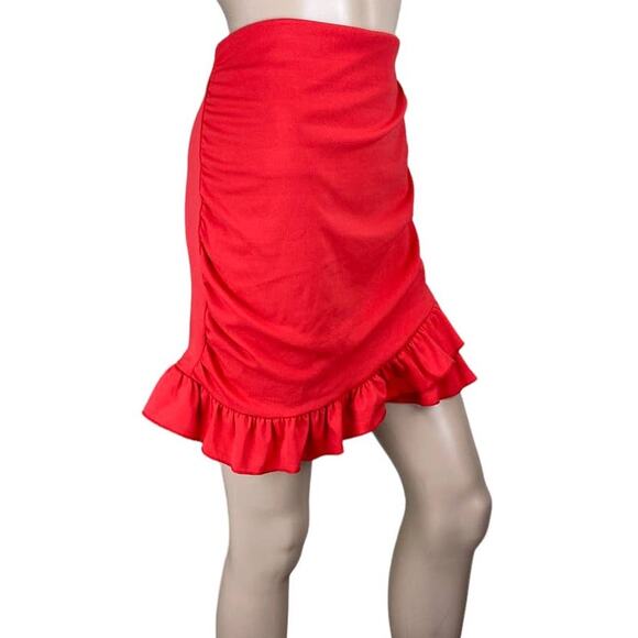 New Women's Red Ruffled Ruched Asymmetrical Hem Stretch Bodycon Mini Skirt M - Picture 4 of 5